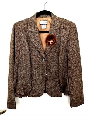 Breakin' Loose Women's 14 Brown Vintage Tweed Blazer Jacket with Faux Fur Brooch